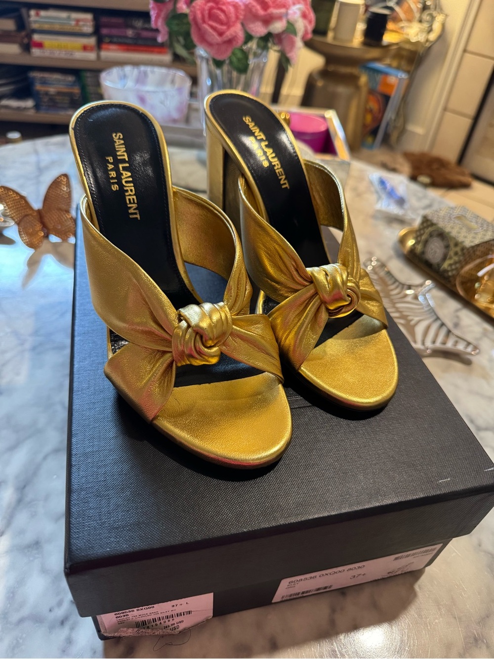 Authentic - Saint Laurent Metallic Gold Loulou Mules size 37.5